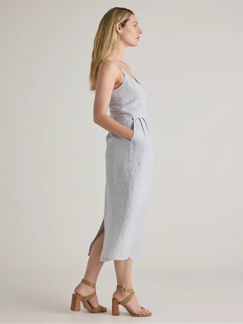 100% European Linen Scoop Neck Midi Dress in Blue Pinstripe - Picture 2 of 3